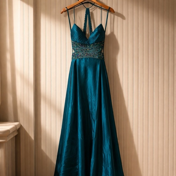 Betsy & Adam Teal Halter Sz. 4 Formal Dress - Picture 3 of 8